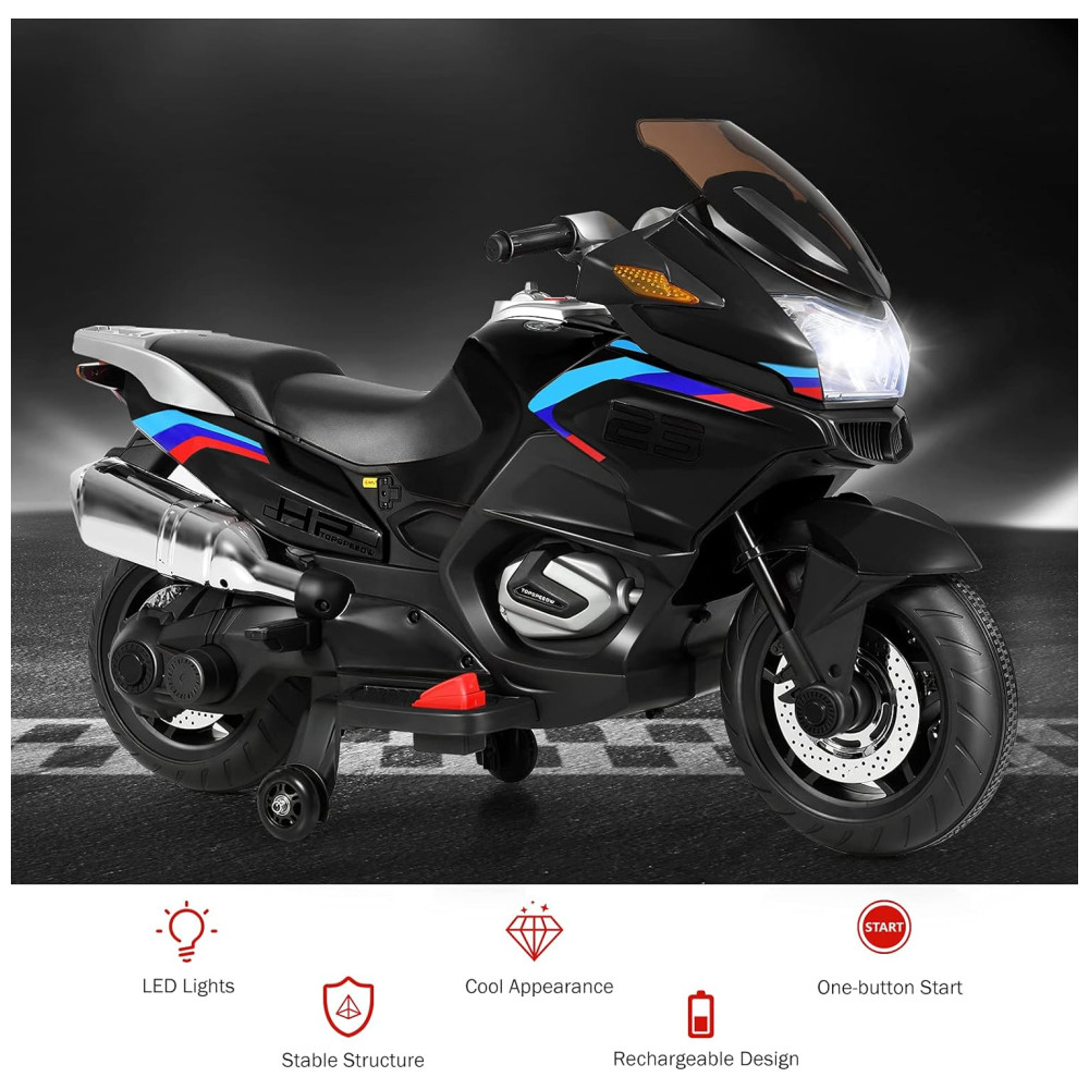 Moto Elétrica Infantil a Bateria 12V com Rodas de Treinamento e Luz LED HONEY JOY Preta - Imagem 2