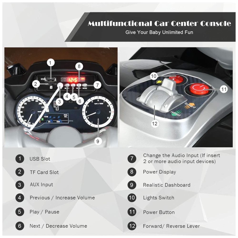 Moto Elétrica Infantil a Bateria 12V com Rodas de Treinamento e Luz LED HONEY JOY Preta - Imagem 4
