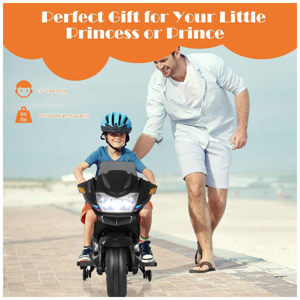 Moto Elétrica Infantil a Bateria 12V com Rodas de Treinamento e Luz LED HONEY JOY Preta - Imagem 6