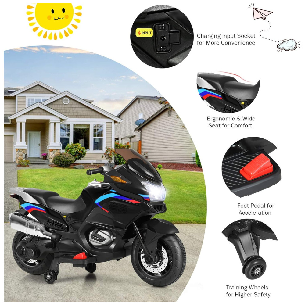 Moto Elétrica Infantil a Bateria 12V com Rodas de Treinamento e Luz LED HONEY JOY Preta - Imagem 7