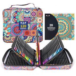 Conjunto 120 lápis de cor H & B Black Wood com livro para colorir em papel preto borracha e apontador estojo mandala com zíper
