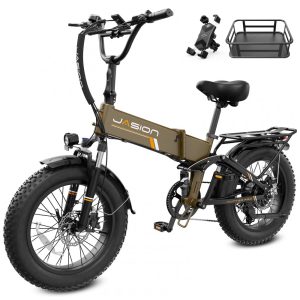 Bicicleta elétrica dobrável Jasion X-Hunter Pro marrom com cesto traseiro pneus 20x4 motor 750W pico 1800W bateria 48V 18Ah 80 km 110V