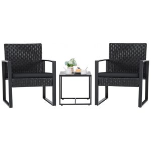 Conjunto de Móveis de Exterior em Vime Flamaker 3 Peças Preto - Rattan PE Resistente Estrutura Aço Mesa de Centro e Cadeiras Modernas