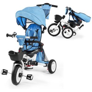 Triciclo Infantil Dobrável 7 em 1 com Alça Ajustável Arnês de Segurança Freios de Roda Capota Removível e Armazenamento JMMD Azul