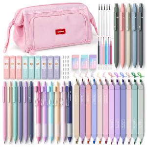 Kit escolar estético Nicpro 55 peças com estojo rosa marcadores pastel canetas em gel coloridas e pretas lapiseiras e acessórios multicolor