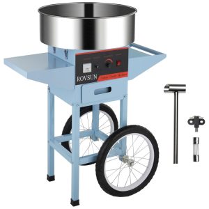 Carrinho de Algodão Doce Elétrico Profissional em Aço Inoxidável 110V 950W ROVSUN Azul Claro