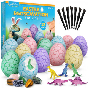 Kit de Escavação Ovo de Páscoa – 12 Blocos com Gemas Reais e Dinossauros que Brilham no Escuro, Brinquedo Educativo STEM, Presentes Criativos, Blue Marble