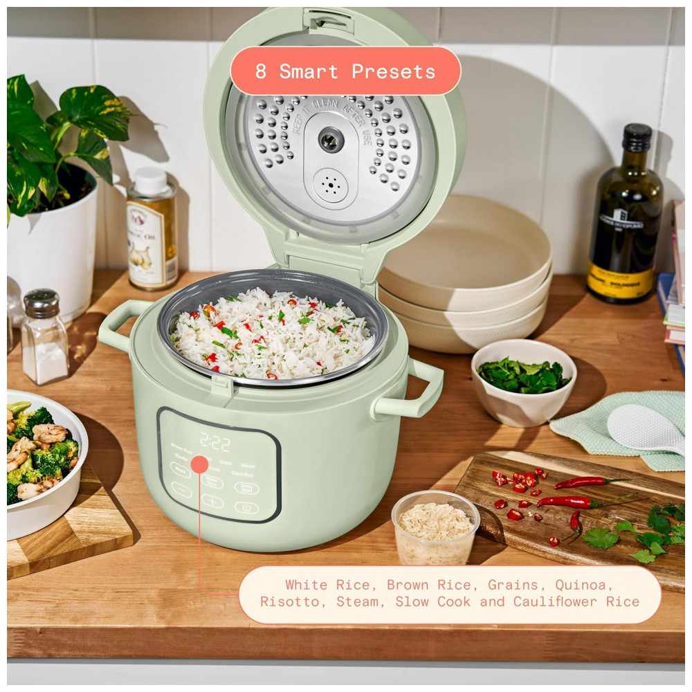 Panela elétrica de arroz e grãos Beautiful 26L verde com revestimento cerâmico 8 programas bandeja de vapor 500W 110V - Imagem 2