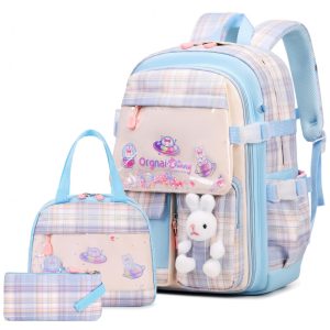 Mochila escolar infantil FIXITOK coelho kawaii 3 peças com lancheira térmica e estojo nylon impermeável azul e rosa xadrez