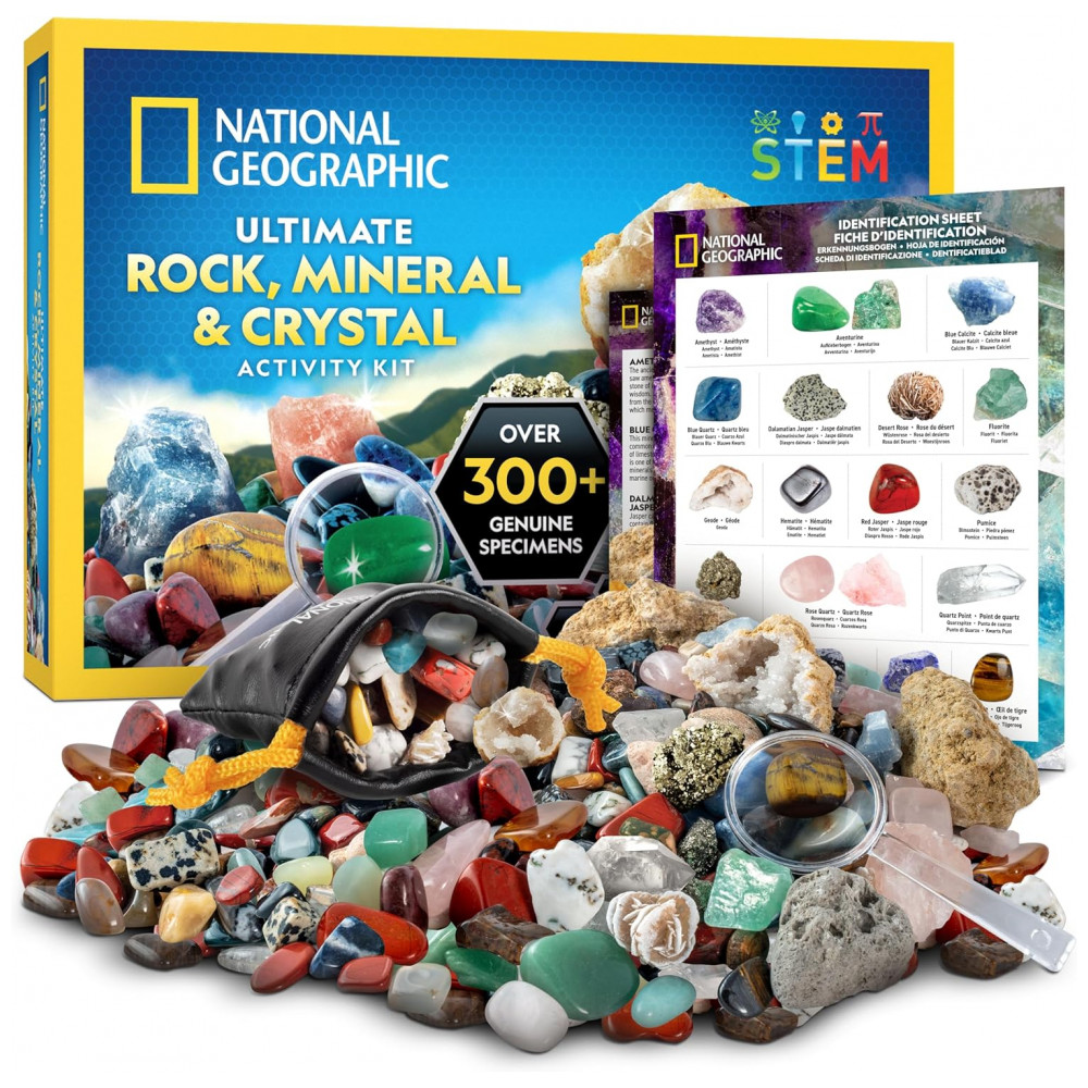 National Geographic Ultimate Rock, Mineral & Crystal Collection Kit – 300+ Peças de Pedras, Cristais e Geodos para Crianças, Atividade STEM, Multicolor
