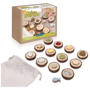 Quebra-cabeça sensorial Guidecraft Nature Feel and Find com 24 peças inspiradas em elementos da natureza e base em “cookies” de madeira
