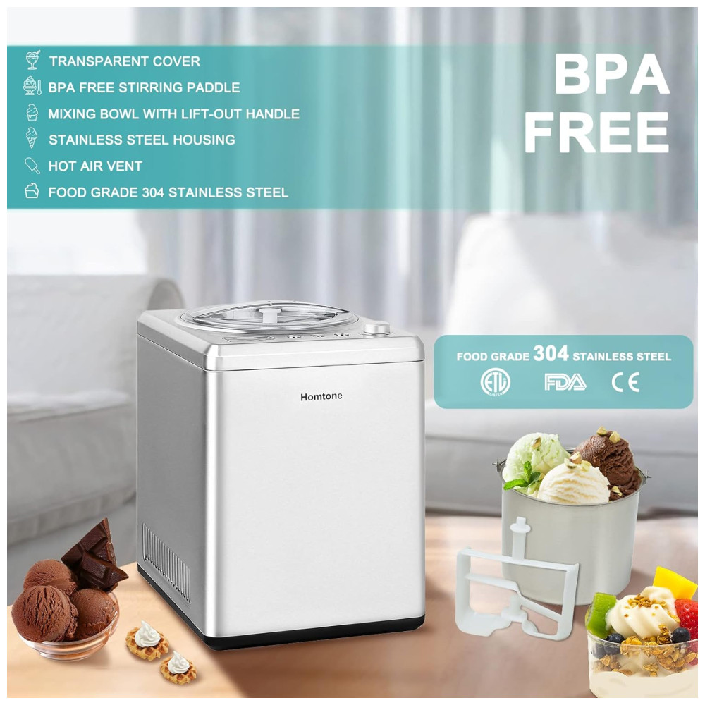 Máquina de Sorvete Automática 25L com Visor Digital LCD Temporizador Sem Pré-Congelamento e Compressor Integrado 110V 250W Homtone Prata - Imagem 2