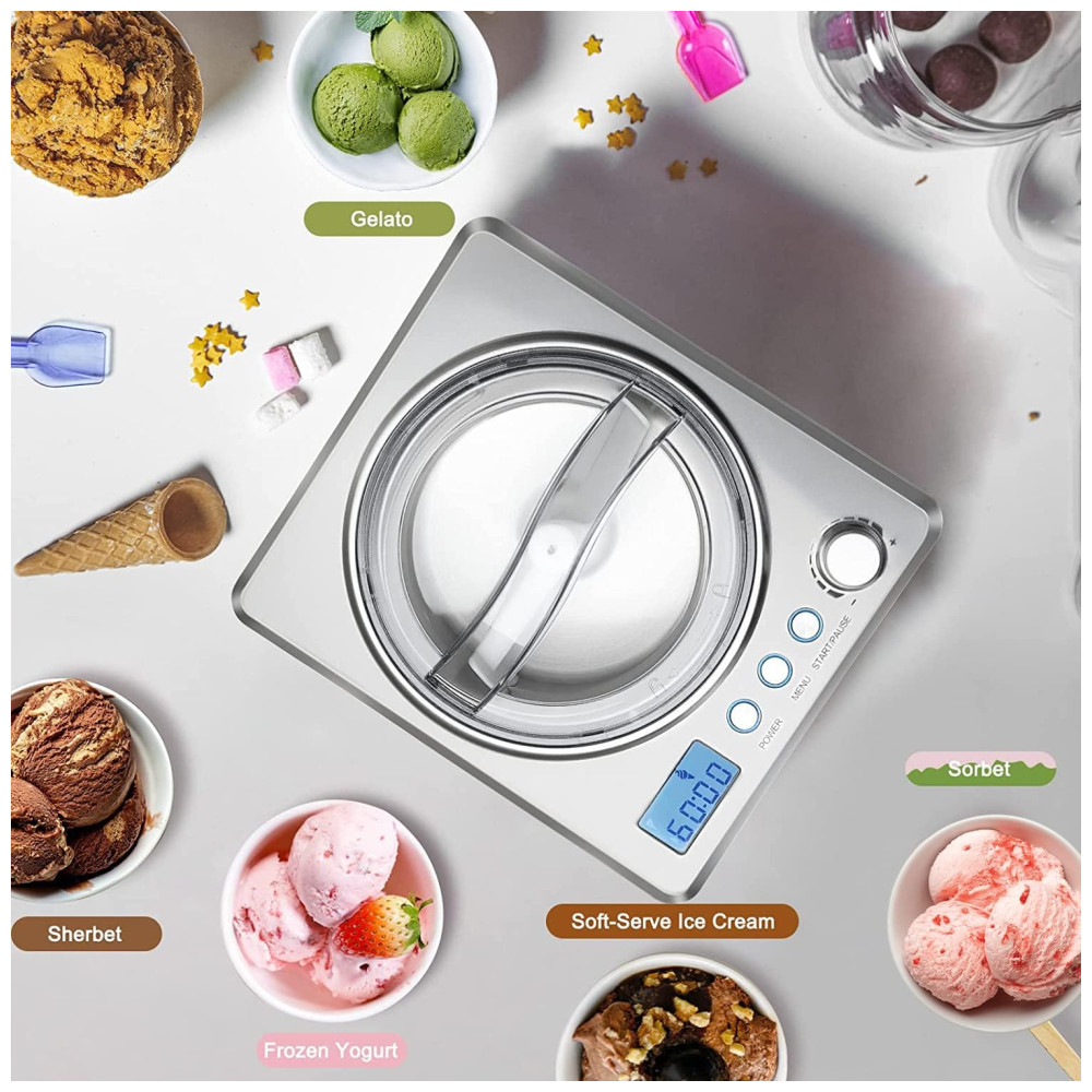 Máquina de Sorvete Automática 25L com Visor Digital LCD Temporizador Sem Pré-Congelamento e Compressor Integrado 110V 250W Homtone Prata - Imagem 5
