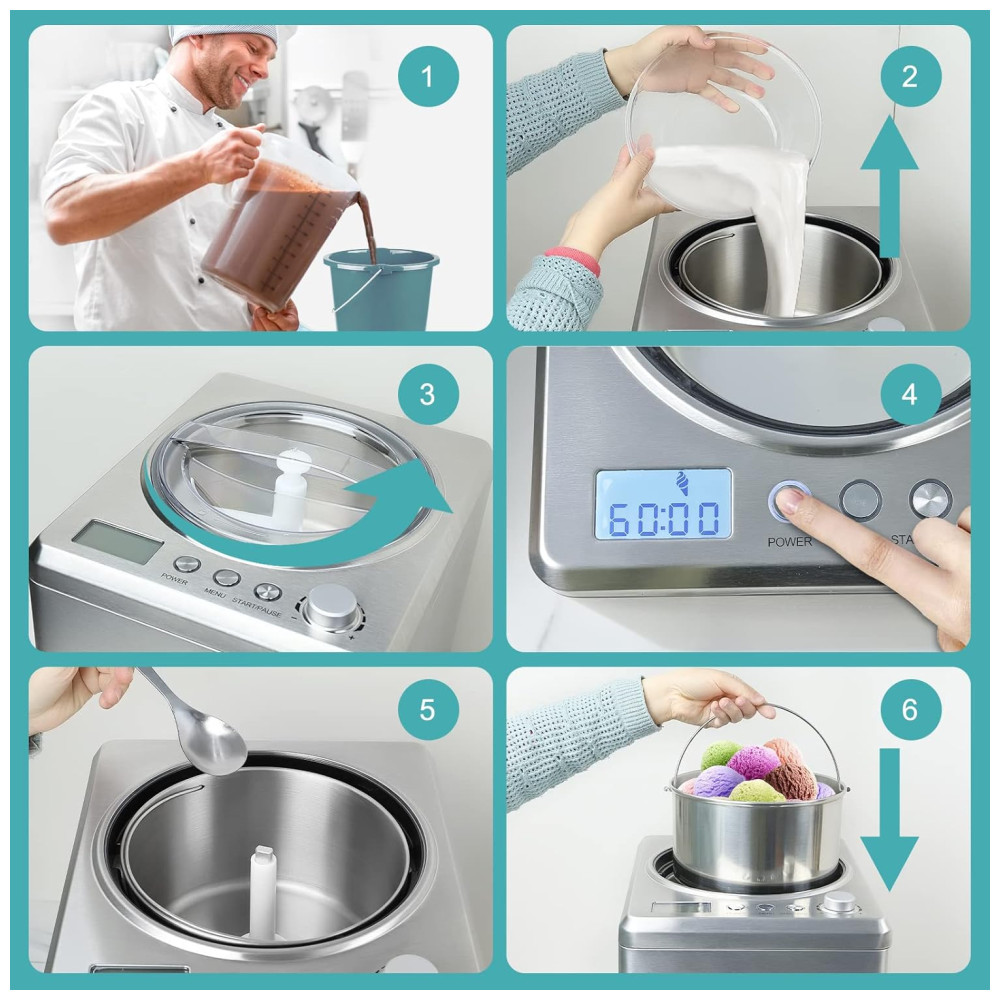 Máquina de Sorvete Automática 25L com Visor Digital LCD Temporizador Sem Pré-Congelamento e Compressor Integrado 110V 250W Homtone Prata - Imagem 7