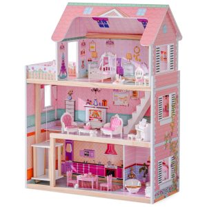 Casa de Bonecas de Madeira ROBUD Conjunto com 24 Peças de Acessórios Exclusivos Elevador Funcionando Presente para Crianças a partir de 3 Anos