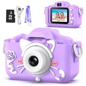 Câmera infantil Goopow para crianças de 3 a 8 anos com vídeo HD 1080p 12MP zoom digital 8x 28 molduras divertidas e cartão SD de 32GB incluso.