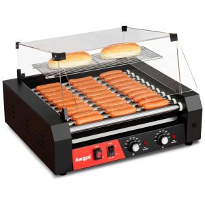 Máquina de Hot Dog Comercial de 1650W 11 Rolos 30 Rolos de Cachorro-Quente Aço Inoxidável Com Tampa Anti Poeira Controle de TemperaturaAwgpd