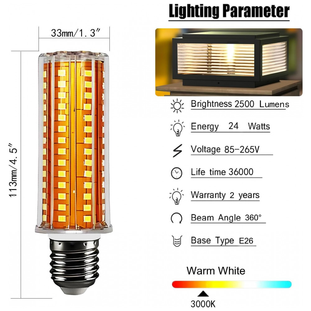 Lâmpada de Milho LED 24W Equivalente a 150W 2500 Lúmens Luz Branca Quente 3000K E26 Base para Ventilador de Teto, Pós, Garagem, Armazém, JHOTEC - Imagem 2