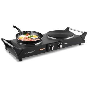 Cooktop Elétrico Portátil com Queimador Duplo Temperatura Ajustável e Alças que Mantêm Frio 110V 1800W Techwood Preto