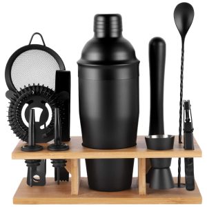 Kit Bartender Profissional 11 Peças em Aço Inoxidável com Suporte de Bambu JNWINOG Preto Fosco