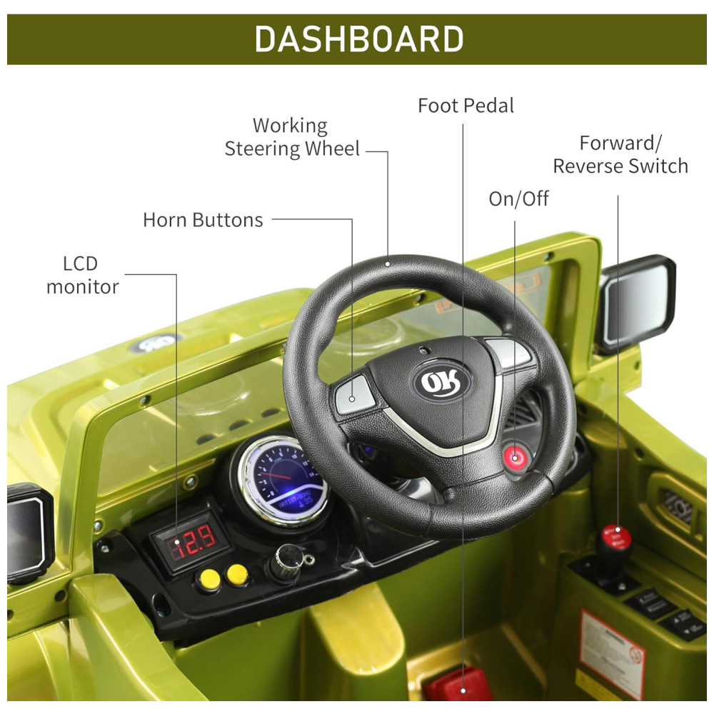 Carrinho Carro Elétrico 1 lugar 12V com controle remoto USB MP3 3 km por hora 2 a 6 anos AOSOM Verde - Imagem 6