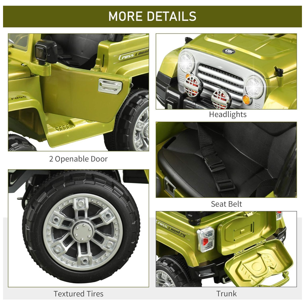 Carrinho Carro Elétrico 1 lugar 12V com controle remoto USB MP3 3 km por hora 2 a 6 anos AOSOM Verde - Imagem 7