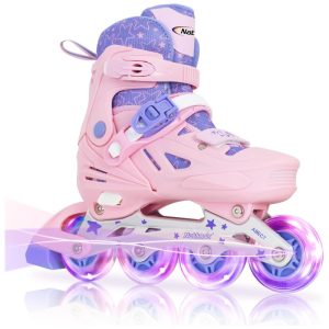 Patins Infantil Regulável com Rodas Iluminadas para Iniciantes Tam BR 30 a 34 Nattork Rosa
