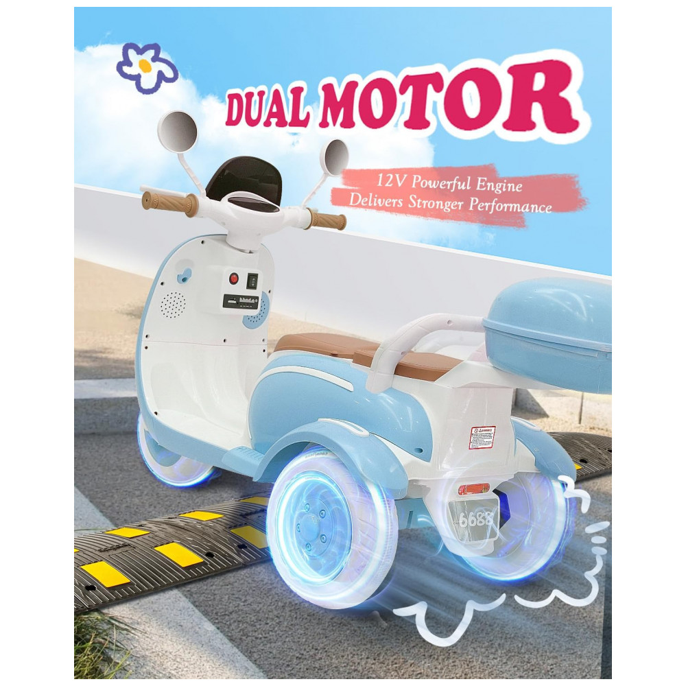 Moto Elétrica Infantil Letsgoride 12V Azul 2 Lugares 3 Rodas com Controle Remoto Baú Bluetooth LED e Buzina 2x50W - Imagem 2