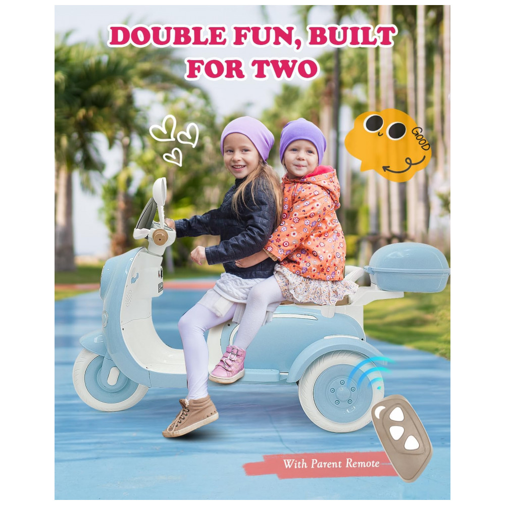 Moto Elétrica Infantil Letsgoride 12V Azul 2 Lugares 3 Rodas com Controle Remoto Baú Bluetooth LED e Buzina 2x50W - Imagem 3