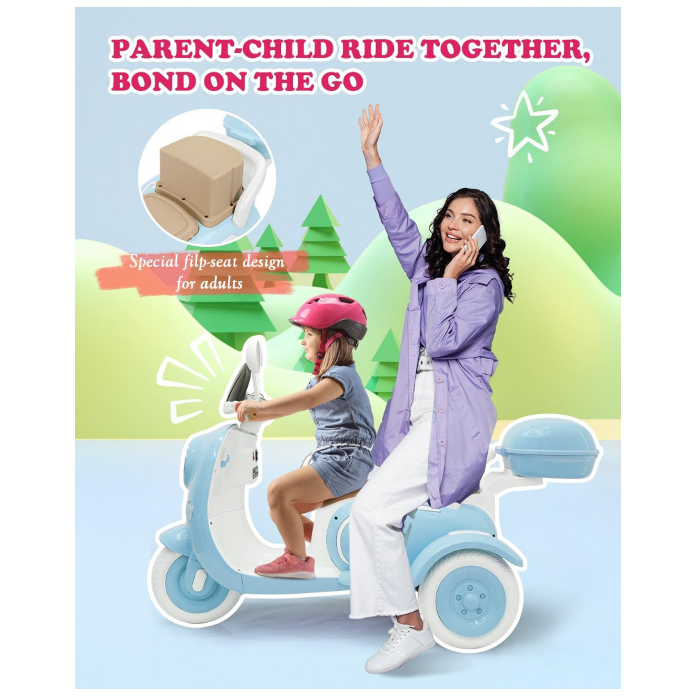 Moto Elétrica Infantil Letsgoride 12V Azul 2 Lugares 3 Rodas com Controle Remoto Baú Bluetooth LED e Buzina 2x50W - Imagem 4