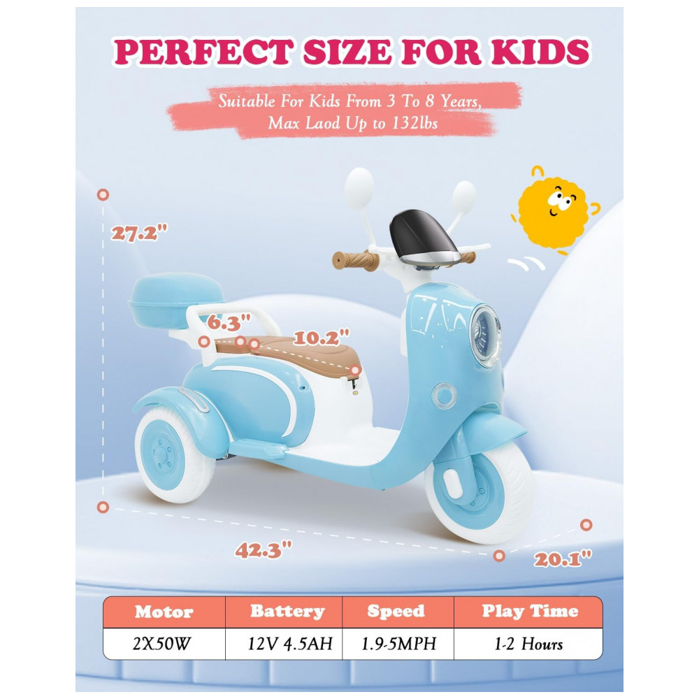 Moto Elétrica Infantil Letsgoride 12V Azul 2 Lugares 3 Rodas com Controle Remoto Baú Bluetooth LED e Buzina 2x50W - Imagem 6