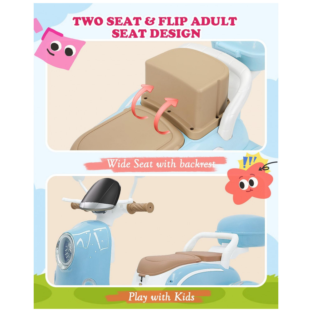 Moto Elétrica Infantil Letsgoride 12V Azul 2 Lugares 3 Rodas com Controle Remoto Baú Bluetooth LED e Buzina 2x50W - Imagem 7