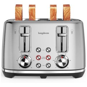 Torradeira Retrô 4 Fatias com Desligamento Automático e 6 Níveis de Tostagem 110V 1500W LONGDEEM Prata