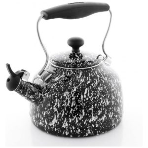 Chaleira de Chá Esmaltada Vintage Chantal 1.7 Litros em Aço Inoxidável com Apito Preto e Branca