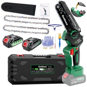 Mini Motosserra Elétrica Portátil para Poda de Galhos com 2 Baterias de 2000mAh e Sistema de Lubrificação Automática Goldsea Verde