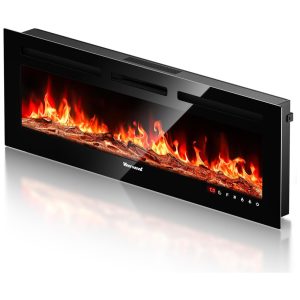 Lareira Elétrica de Embutir de Chama Realista A43x127L cm com Suporte de TV Conjunto de Toras e Chamas de Cristal Temporizador Controle Remoto e Digital 110V 1500W VISVEIL Preta