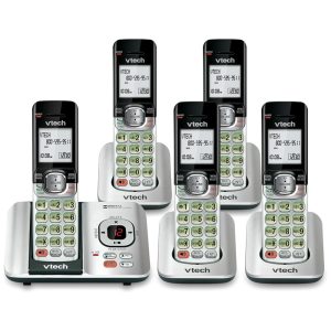 Telefone sem fio VTech CS65295 com 5 ramais Atendimento Automático Identificador de Chamadas Viva-Voz Montagem em Parede Display LCD - Prata/Preto