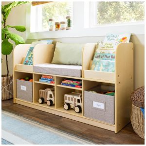 Móvel infantil Guidecraft EdQ Reading Nook natural estante com assento acolchoado organizador multiuso com prateleiras e cestos modelo G80330