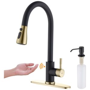 Torneira Cozinha com Sensor de Movimento Pulverizador e Dispensador de Sabão Aço Inoxidável Keer Preto Fosco e Dourada