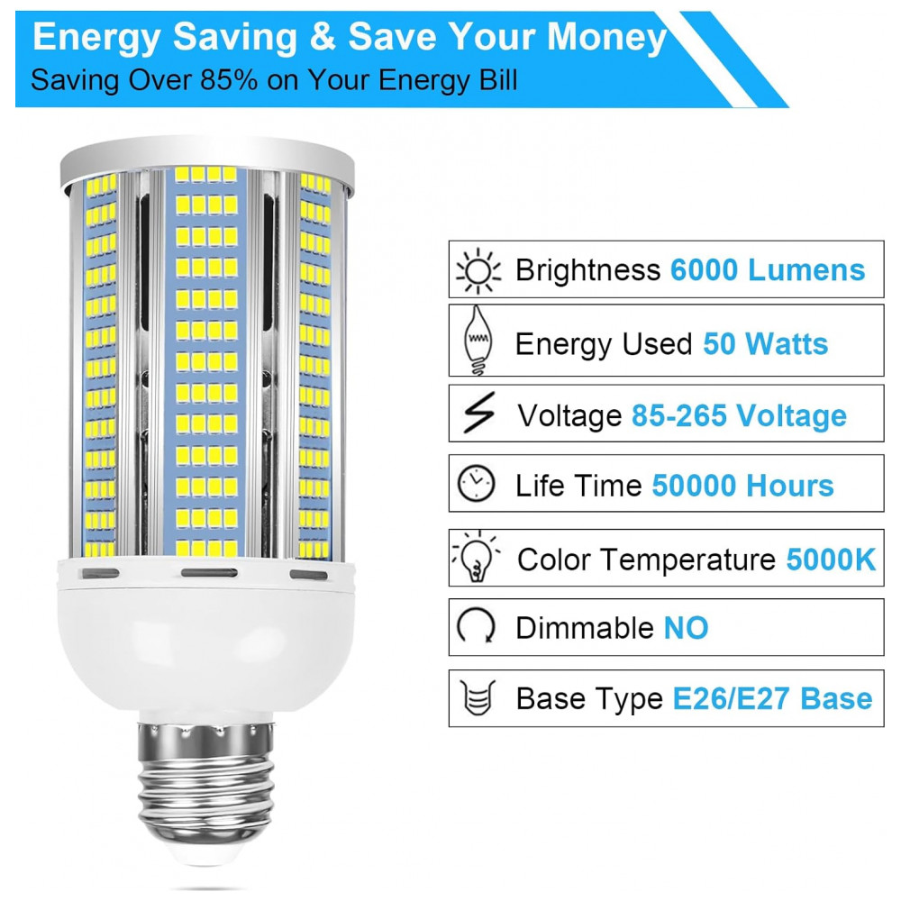 Lâmpada LED Corn 50W (2 un) Elivern, 6000 lúmens, 5000K daylight, base E26/E27, super brilhante, para iluminação residencial, garagem e escritório. - Imagem 4