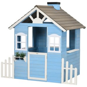 Casinha Infantil de Madeira para Área Externa Estilo Country com Porta Janelas Posto de Serviço e Vasos de Flores para Crianças de 3 a 7 Anos Outsunny Azul