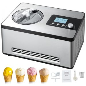 Máquina de Sorvete Automática 18L em Aço Inoxidável com Compressor Embutido 3 Modos Temporizador e Painel Digital Horizontal VEVOR Prata e Preto
