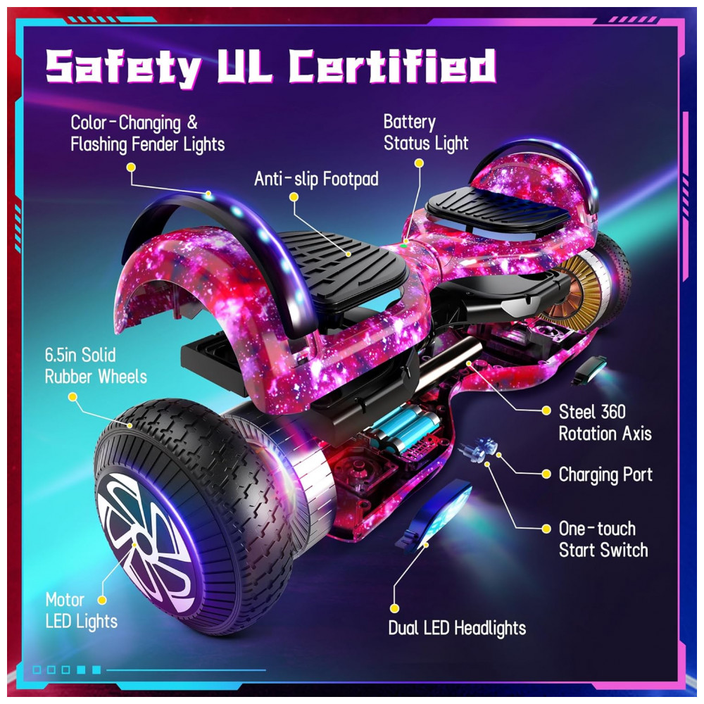 Hoverboard Auto Balanceante SISIGAD 6,5" K02 Roxo Estrelado com Alto-falante Bluetooth e Luzes Coloridas - Imagem 2