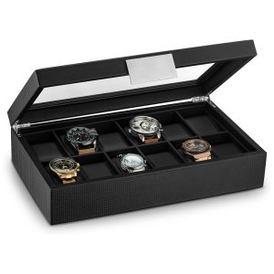 Caixa Estojo de Fibra de Carbono e Visor de Vidro para Relógios com 12 Compartimentos Glenor Co Preto