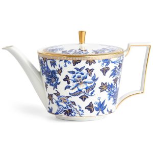 Bule de Chá em Porcelana Resistente com Capacidade de 500mL Tema de Hibisco e Detalhes em Dourado Wedgwood Branco e Azul