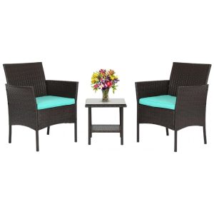 Conjunto de Móveis de Exterior FDW 3 Peças - Cadeiras de Vime Marrom para Varanda com Almofadas Azuis e Mesa de Café de Vidro - Para Jardim Varanda