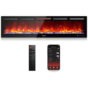 Lareira Elétrica de Embutir A45x182L cm com Estalo Sonoro Chama Realista Controle Remoto e APP 110V 1500W TURBRO Preta