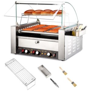 Máquina para Cachorro Quente 11 Rolos até 30 Salsichas com Luz LED Controle de Temperatura Duplo e Bandeja de Gotejamento Removível 110V 2000W ROVSUN Prata