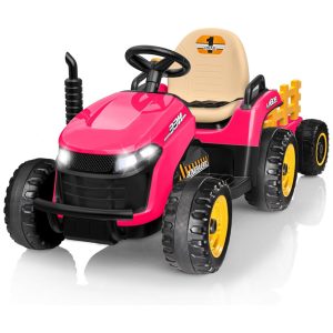 Trator Infantil Elétrico ANPABO Rosa 24V Trailer Basculante Removível Pneus EVA Controle Remoto com Som Realista e Bluetooth