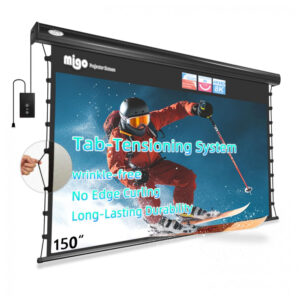 Tela de projeção motorizada 330x187cm MIGO cinza crystal ganho 2.0 tab tension 16:9 teto parede 110V black housing
